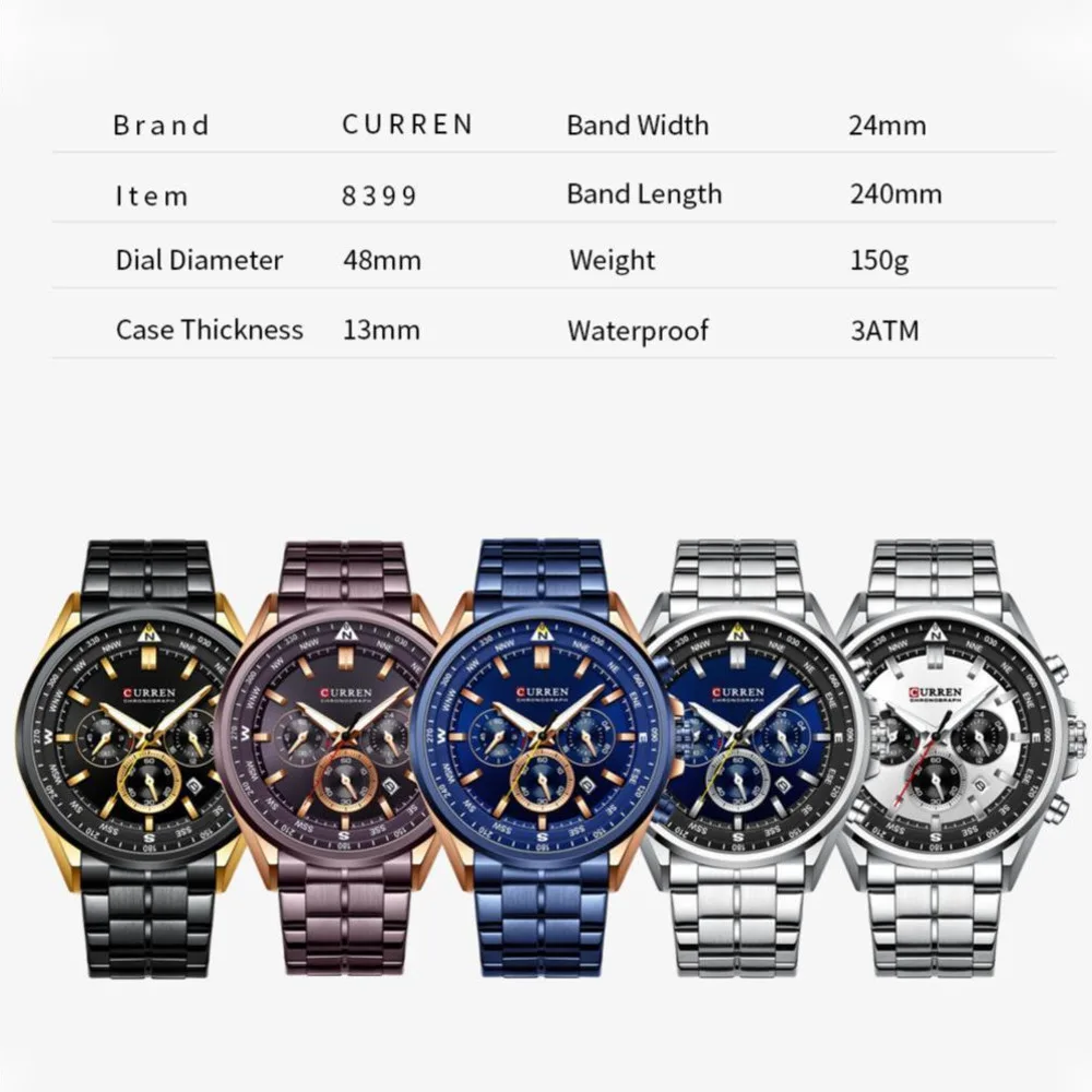 CURREN 8399 Luxury Men's Quartz Wrist Watches Stainless Steel Strap Waterproof Date Top Class Business Quartz Watch For Men