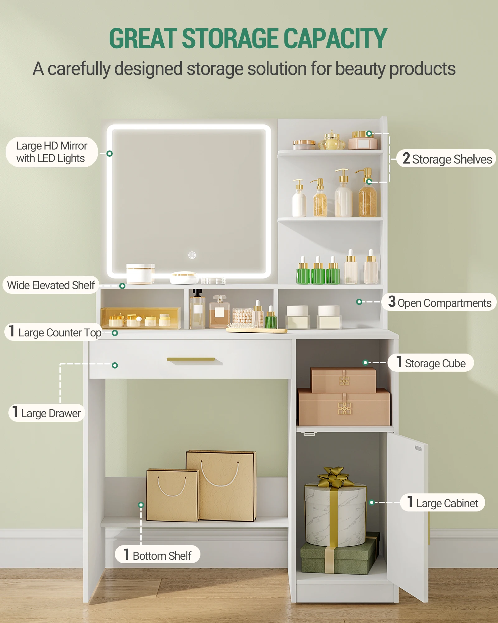 طاولة تزيين هزوانري مع مرآة وإضاءة LED، مع 3 أرفف و4 مقصورات مفتوحة، مع أدراج وخزائن