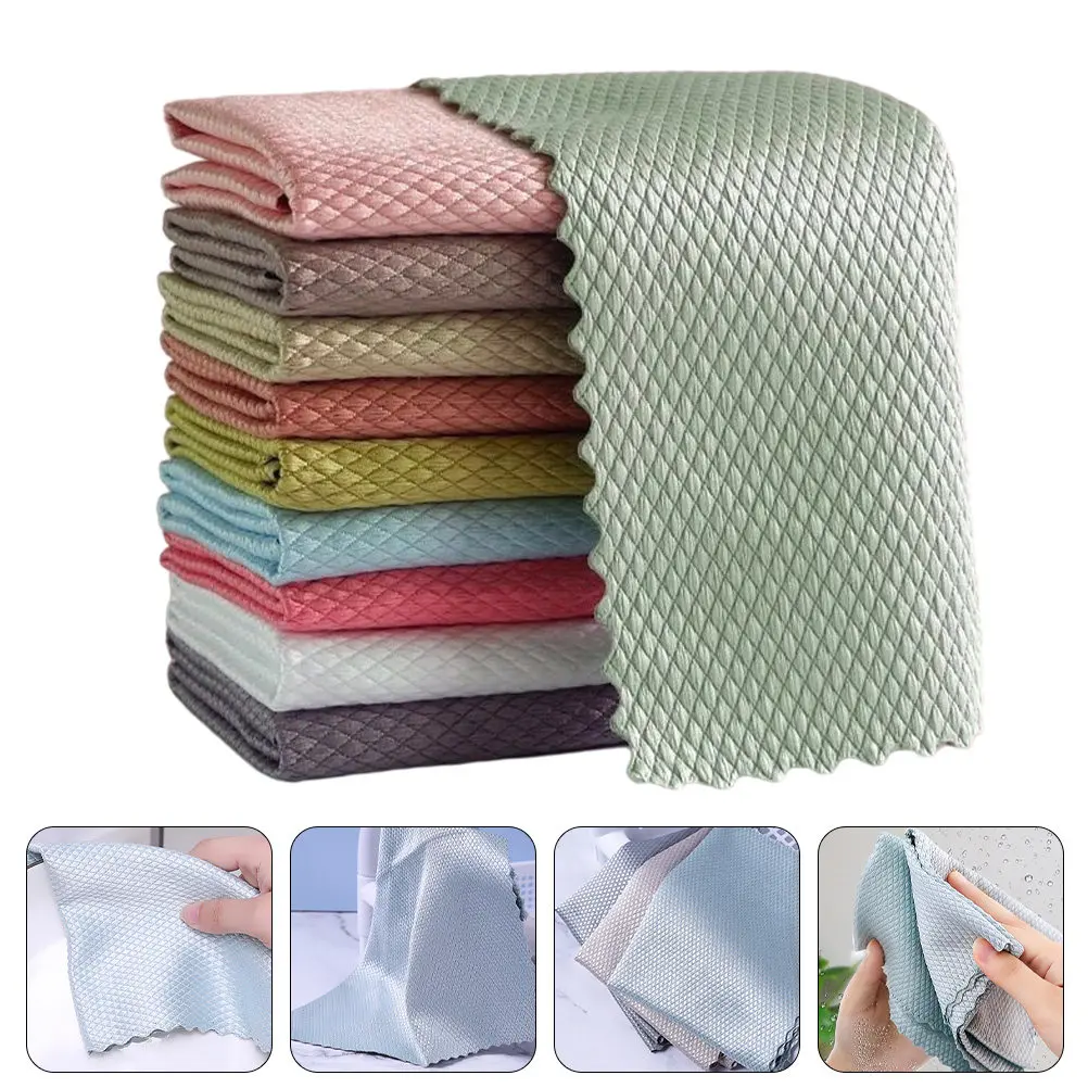 

10Pcs Kitchen Dish Towels Fish Scale Pattern Absorbent Microfiber Cloths for Cleaning Kitchenware Glassware Cookware and