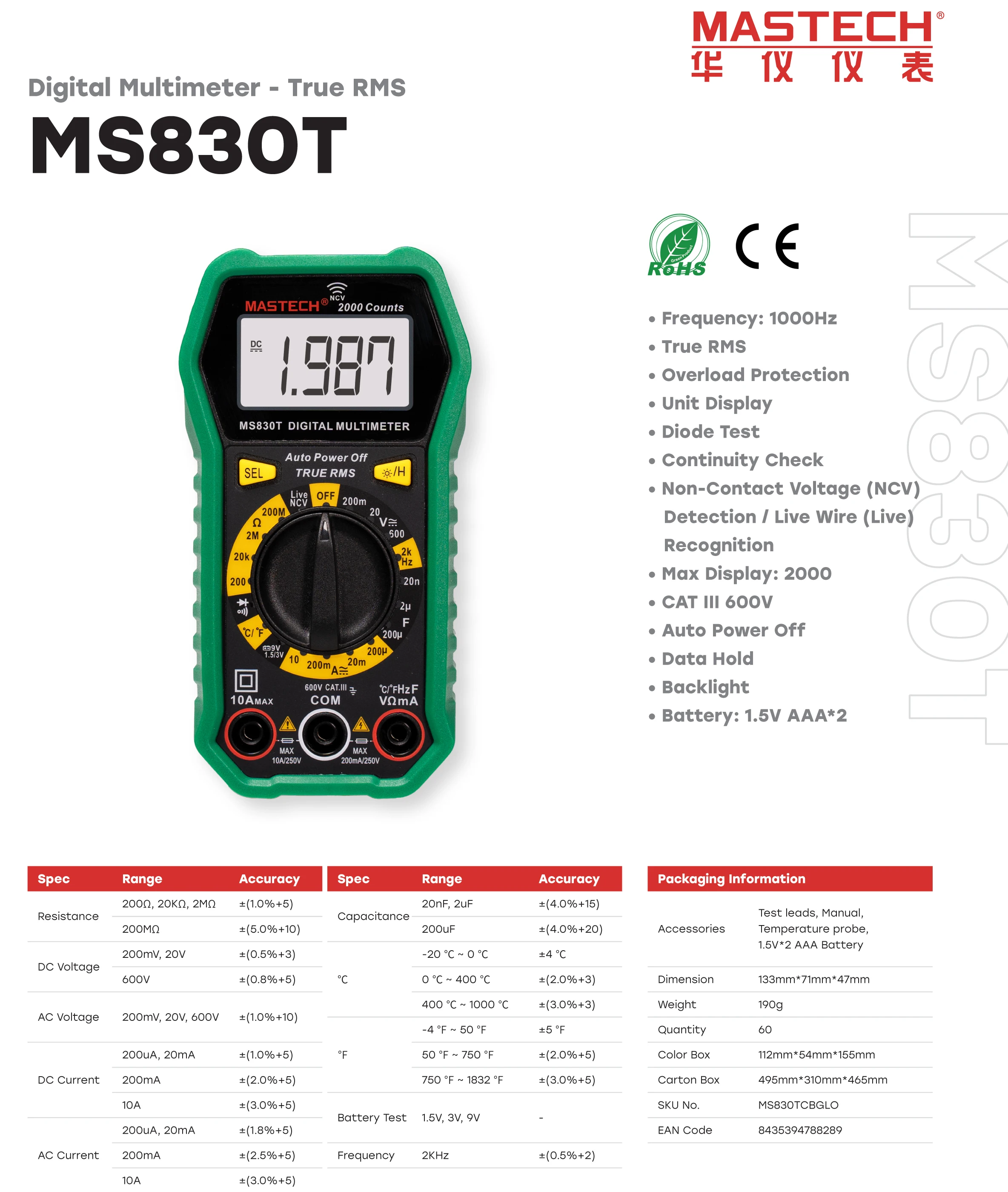 MASTECH MS830T Digital Multimeter AC/DC Voltmeter Current Diode Triode Meter Tester Resistance Electronic Test Tools