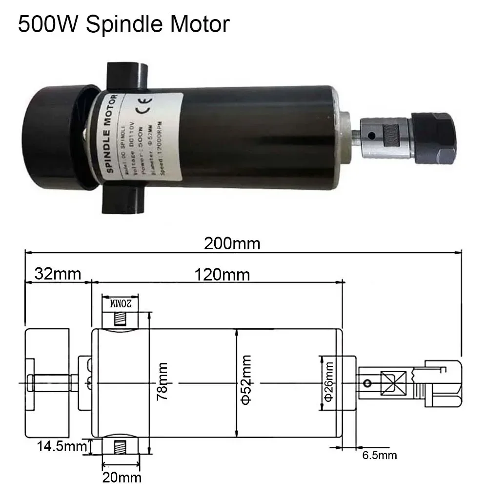 500W CNC Spindle Motor 110VDC Air Cooled  Power Supply Speed Governor ER16 Collets with 52mm Clamps Bracket 12000rpm CNC Router