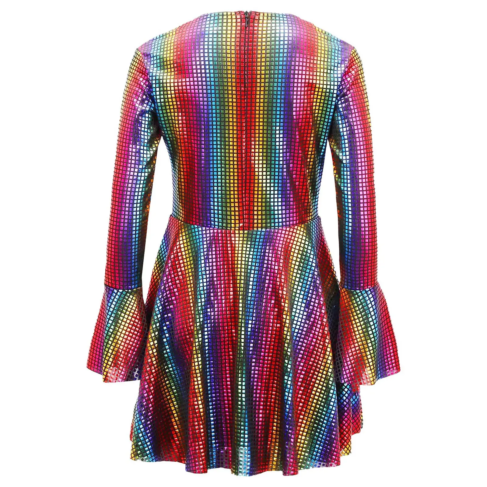 ชุดเดรสแสดงการแสดงแนวละติน ดิสโก้ แจ๊ส ยุค 70 สำหรับเด็กผู้หญิง คอวี แขนยาวทรงกระดิ่ง กระโปรงทรงเอไลน์ สำหรับงานปาร์ตี้ฮาโลวีน