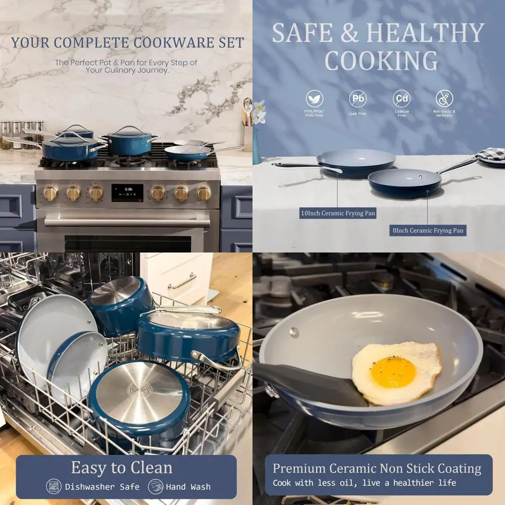 

10-Inch Nonstick Ceramic Induction Pan - PTFE/PFOA/PFAS Free, Oven & Dishwasher Safe, Cool Handle - Navy Blue