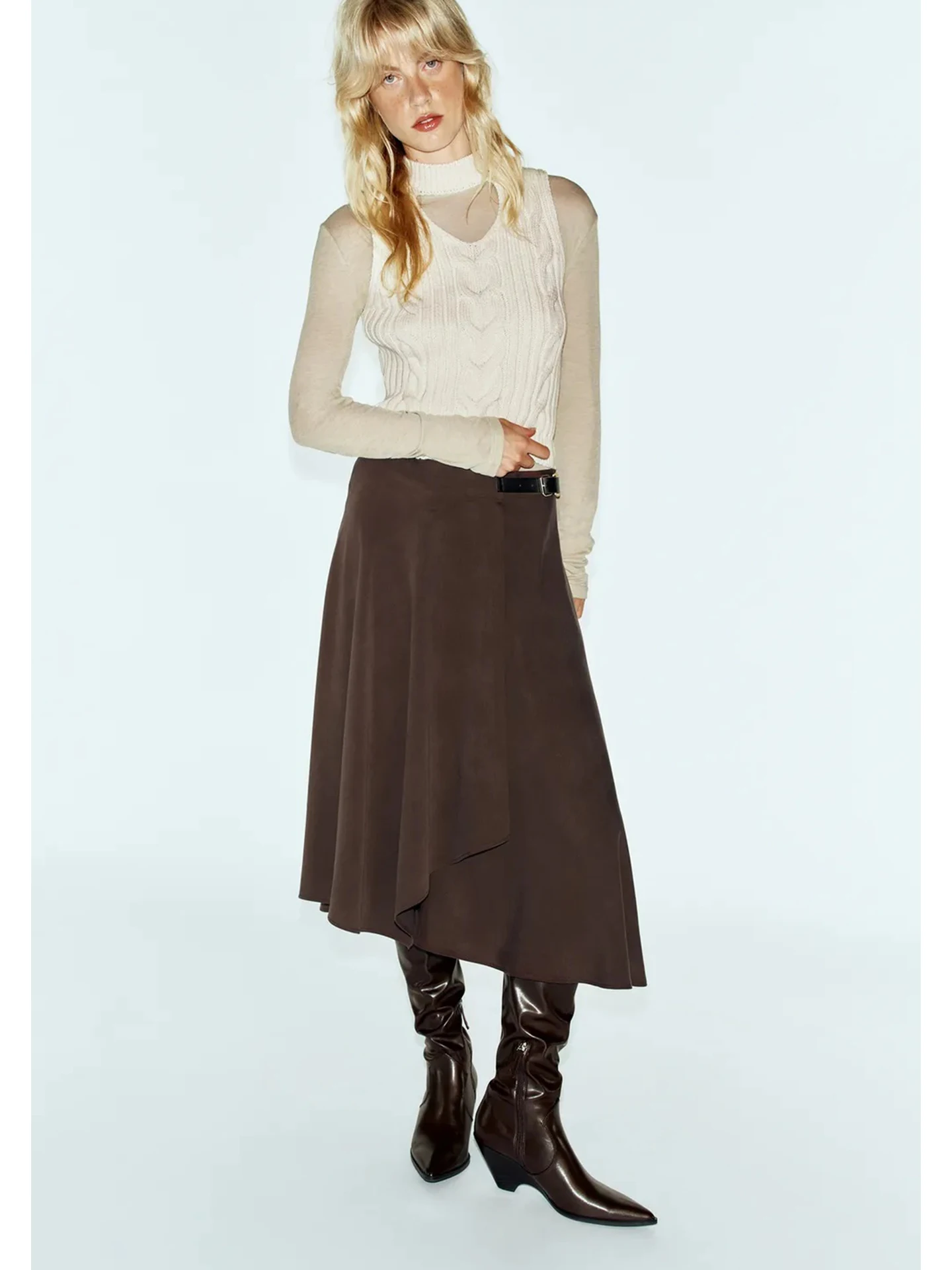 Fall New Asymmetrical Hem Midi Skirt Women's Commuter Style mid Waist Double Lapel Button Decor Half Body Skirt
