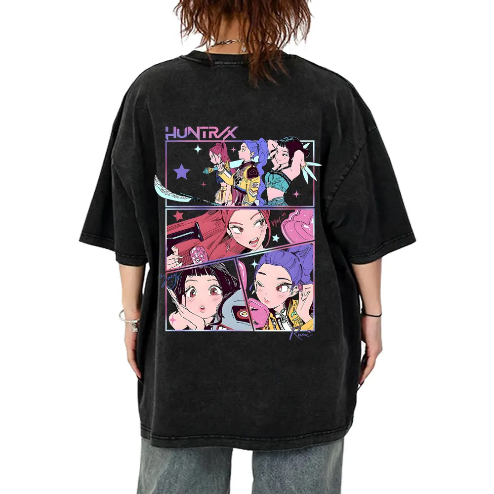 

Movie KPop Demon Hunters Rumi Mira Zoey Washed T-shirt Men Women Korean Fashion Trend Streetwear Male Casual Vintage Tshirt Tops