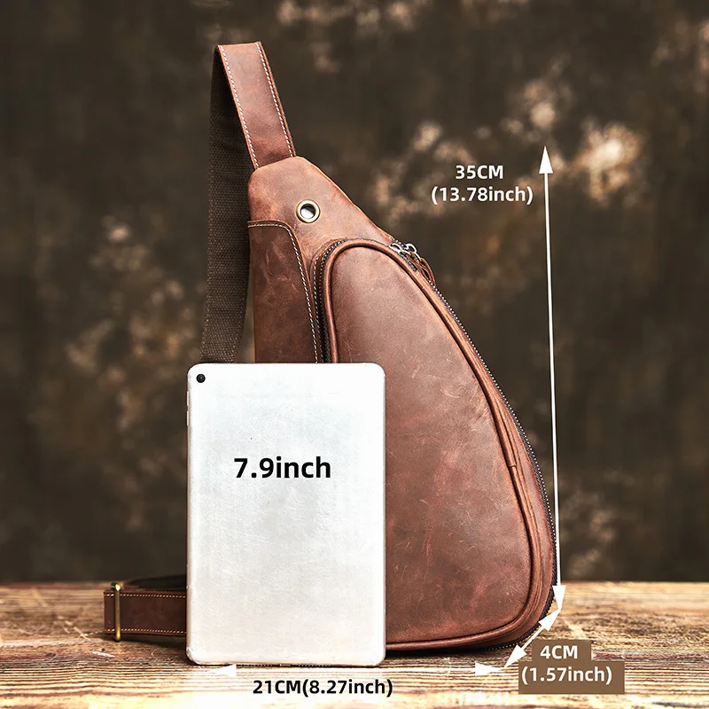 NUPUGOO – Echte Leder-Vintage-Brusttasche für Herren, als Umhängetasche oder Schultertasche tragbar, hochwertiges Leder, multifunktionaler Reißverschluss für 9,7-Zoll-Geräte. – Detail 1
