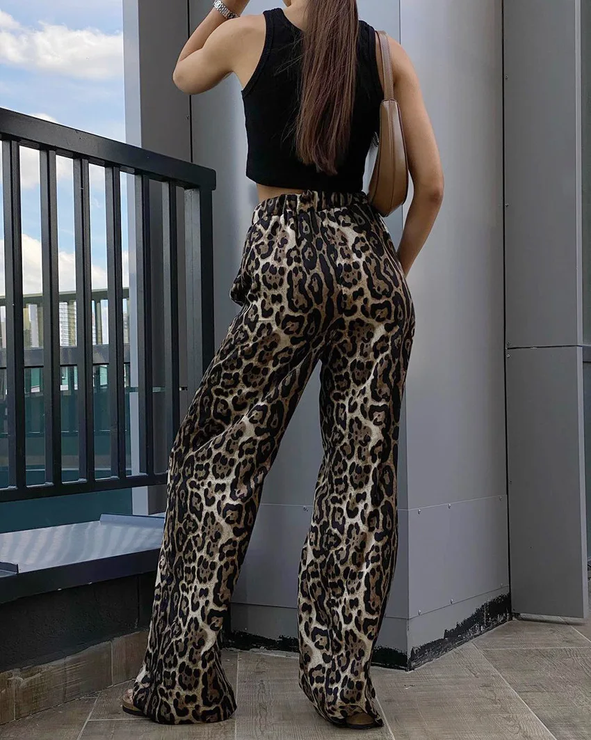 BKLD Leopard Printed Streetwear Mid Waist Elastic Wide Leg Pants 2025 New Autumn Fashion Casual Trousers Clothes For Women