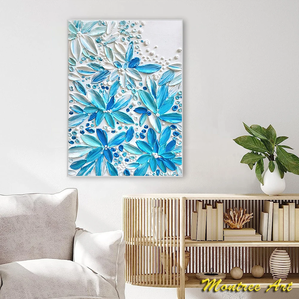 Hand Painted Oil Painting Original Creamy Textured Wall Art Abstract Blue Flower Painting Calming Painting Soft Color Painting