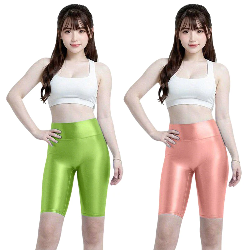 

High Waist Oil Shine Fitness Shorts Smooth Stretchy Glossy Yoga Leggings Casual Sports Bottoms