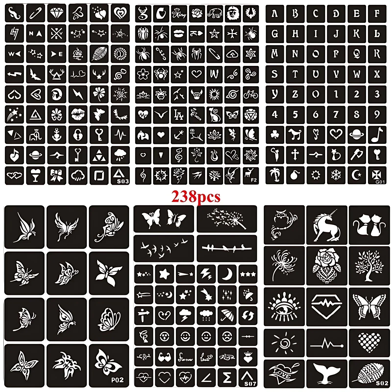 56-238pcs Henna Stencils for Painting Flower Letter Cat Butterfly Airbrush Tattoo Stencil DIY Glitter Stencils Set Kids Women