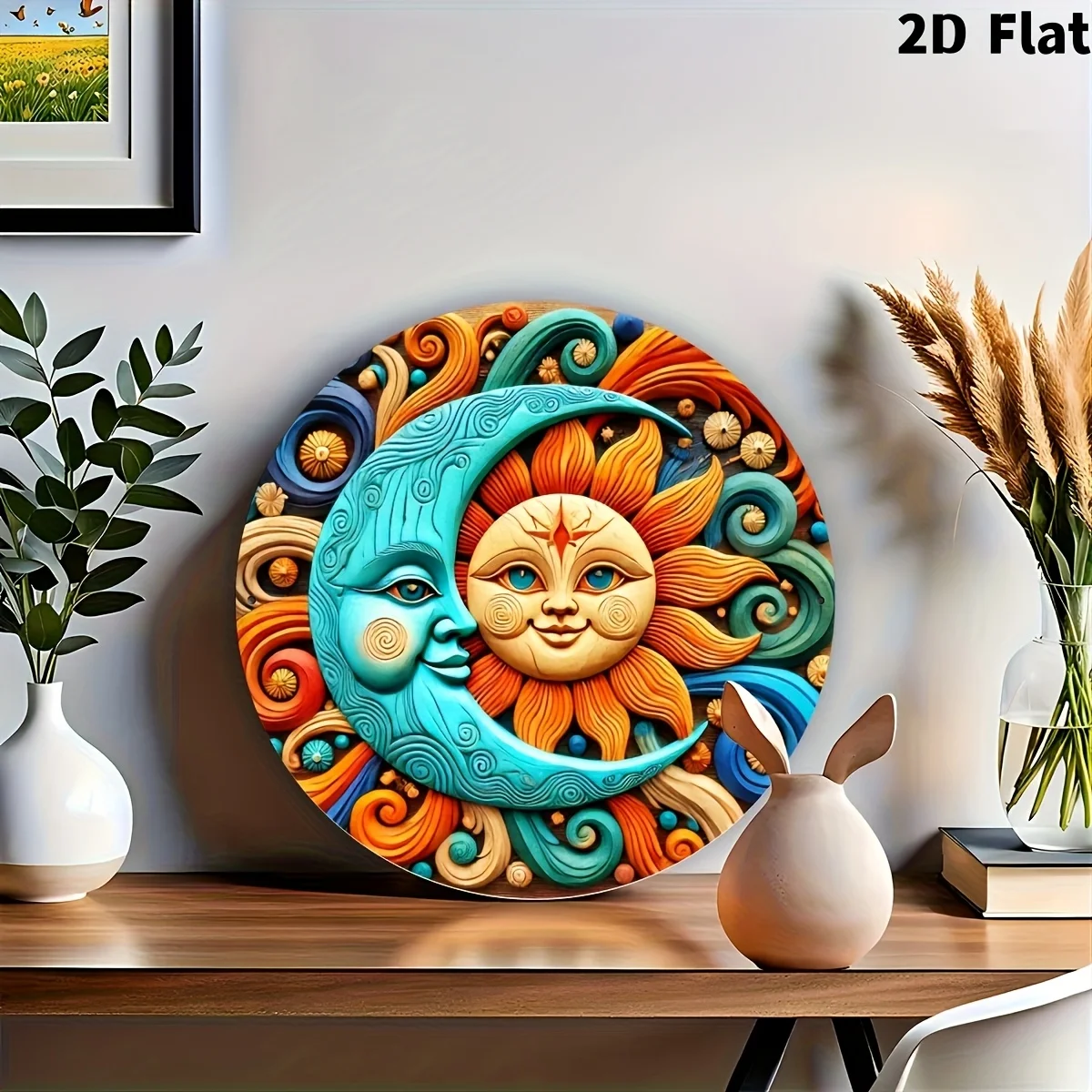 2D Flat, 1pc Sun And Moon Iron Wall Art, 8x8inch Round Metal Signboard, Painted Garland Decor, No Electricity Needed, Featherles