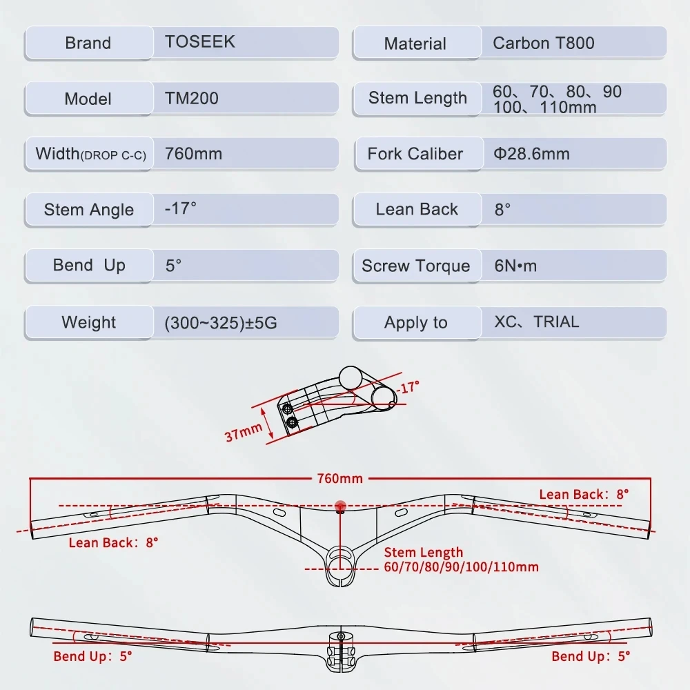 TOSEEK TM200 MTB Integrated Handlebars Stem Angle -17 Degree T800 Carbon Handlebar Mountain Bicycle Parts Internal Wiring