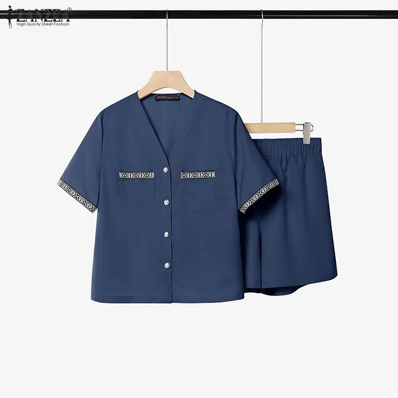 ZANZEA 2026 Women's 2-Piece Short Sets V-Neck Printing Paneled Short Sleeve Top Elastic Waist Shorts Matching Sets Summer Co-ord