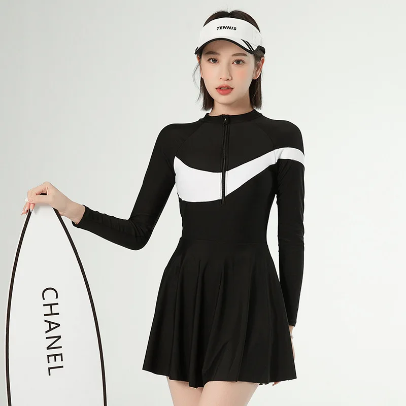 Women\'s One Piece Long Sleeve Rash Guard UV Protection Color Block Surfing Swimsuit Rash Guard Bathing Suit Swimdress Beachwear