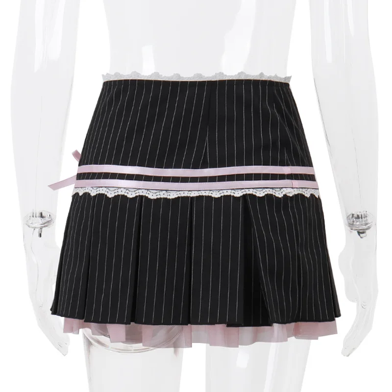 Goth Dark Harajuku Y2k Kwaii Lace Trim Mini Skirts Gothic Cutecore Bow Striped Pleated Skirt Low Waist Color Match Party Bottoms