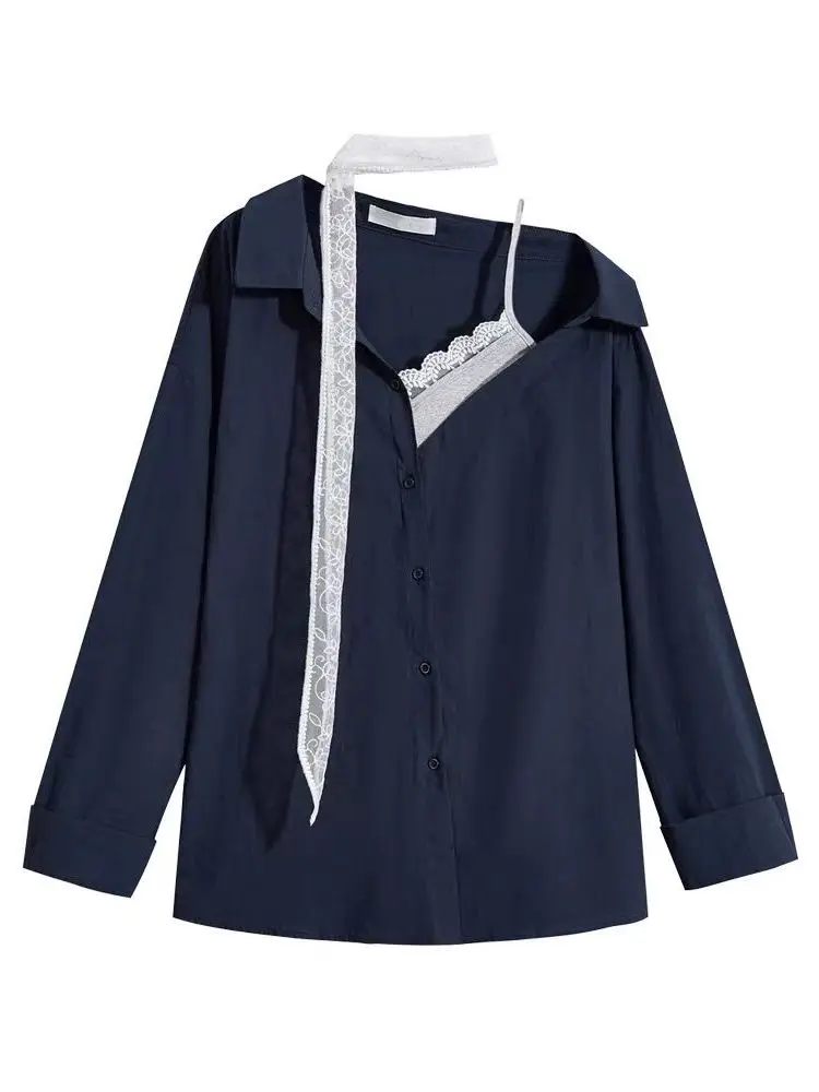 

plus Size Lace Splice Asymmetrical oulder irt Women's Loose Faionable Spring Long Sve T-irt Korean Sle Commute