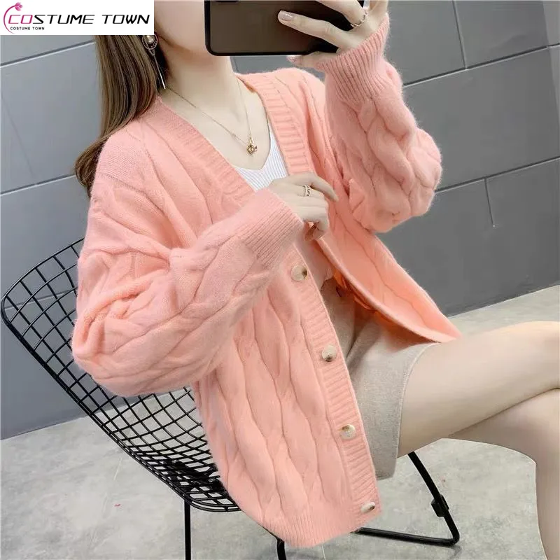 Spring Clothes Thickened Fried Dough Twist Knitting Cardigan Women\'s Sweater Loose Wear New Autumn and Winter Coat Top