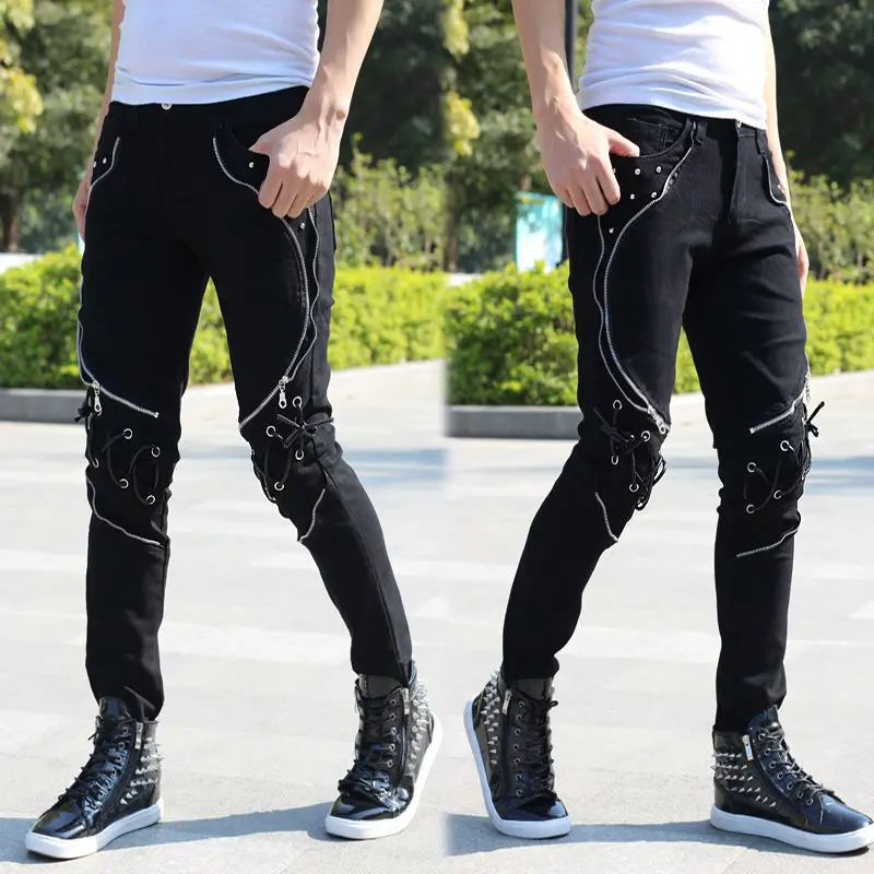 Men black punk hip hop jeans with multi zippers mens skinny jeans slim fit denim pants biker trousers Present Belts