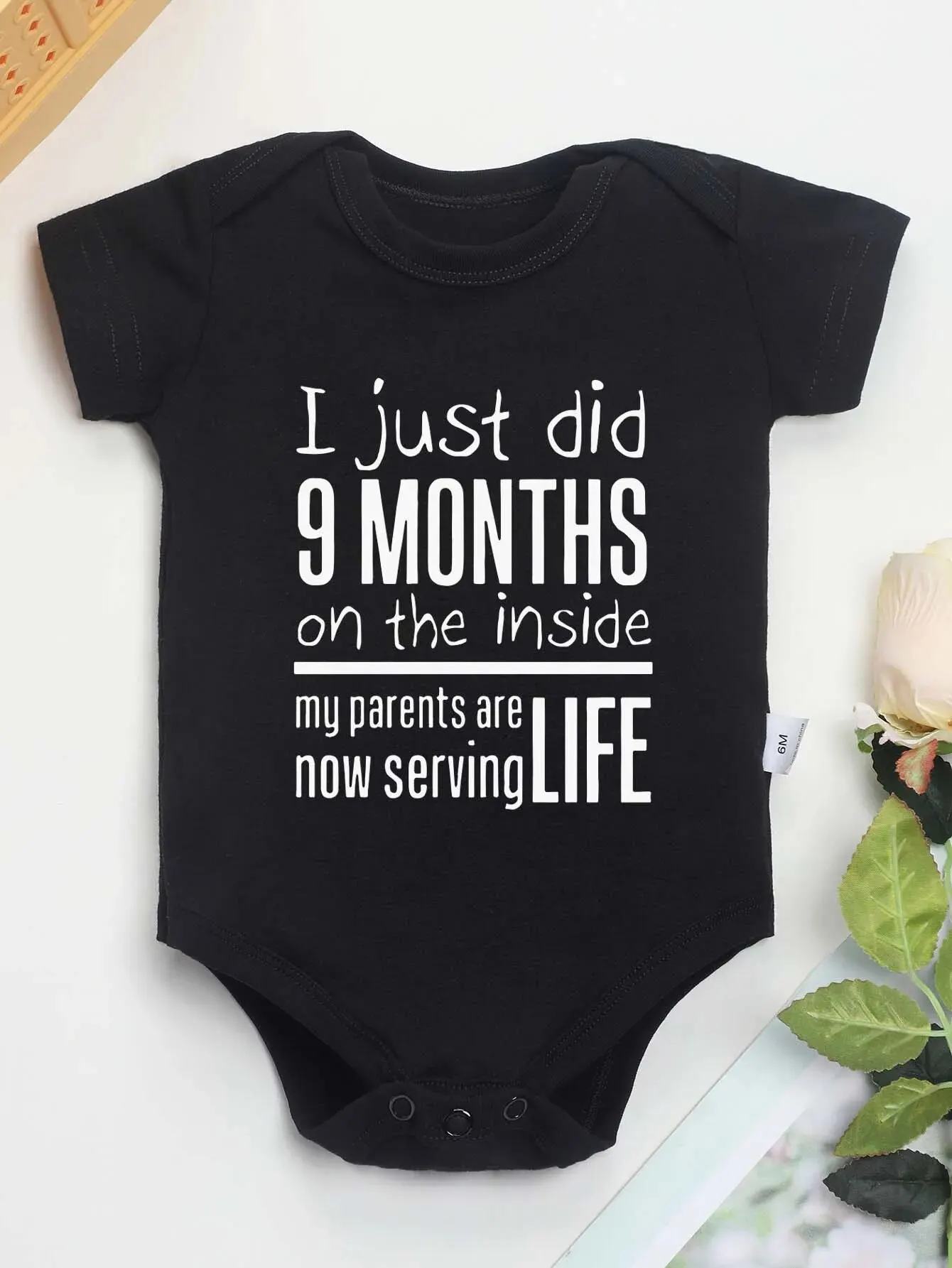 I JUST DID 9 MONTHS ON THE INSIDE Letter Print Baby Onesies