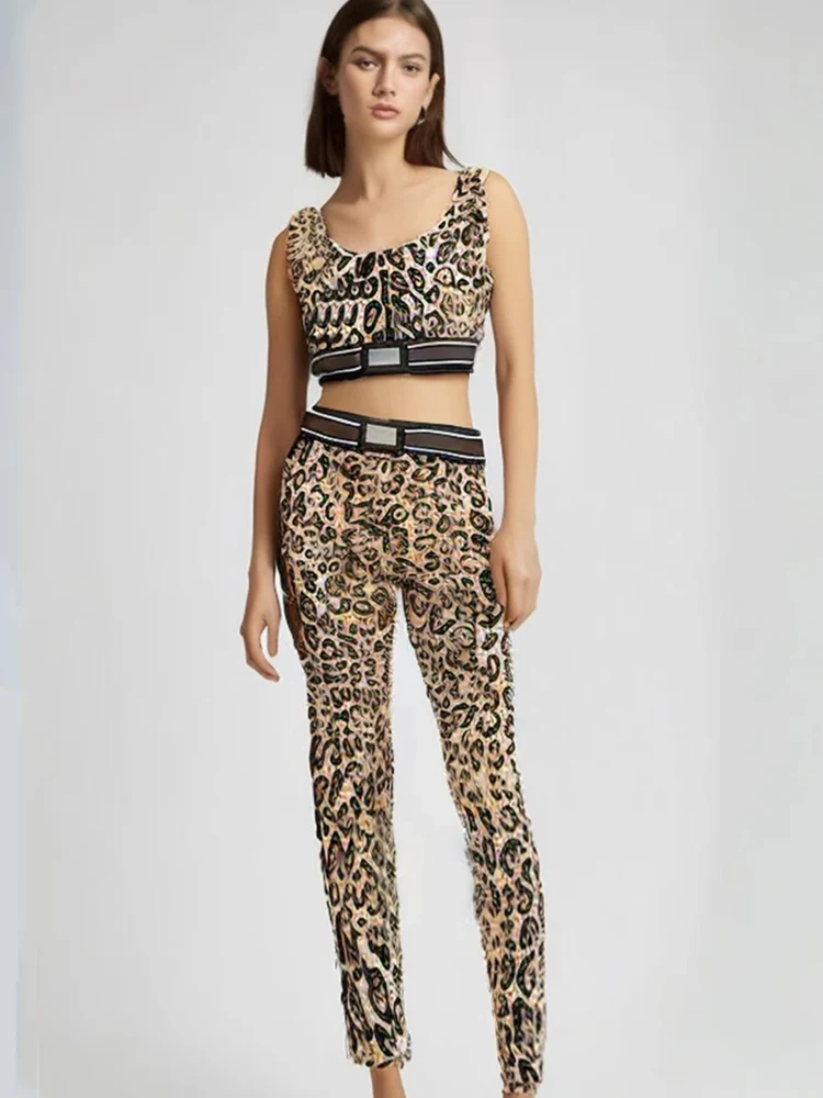 Vintage leopard print short vest two-piece 2024 summer women\'s new + color contrast high-waisted nine-point pants fashion suit