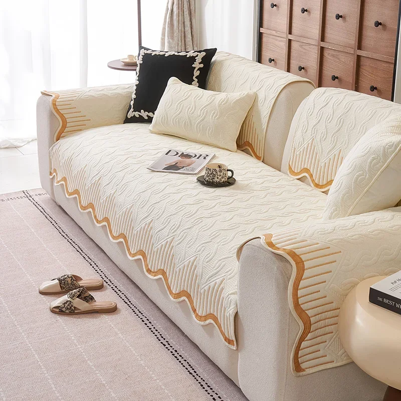 100% Cotton Sofa Cushion Breathable Quilted Couch Cover Thickened Wavy Edge Furniture Protector Non-Slip Recliner Armchair Mat
