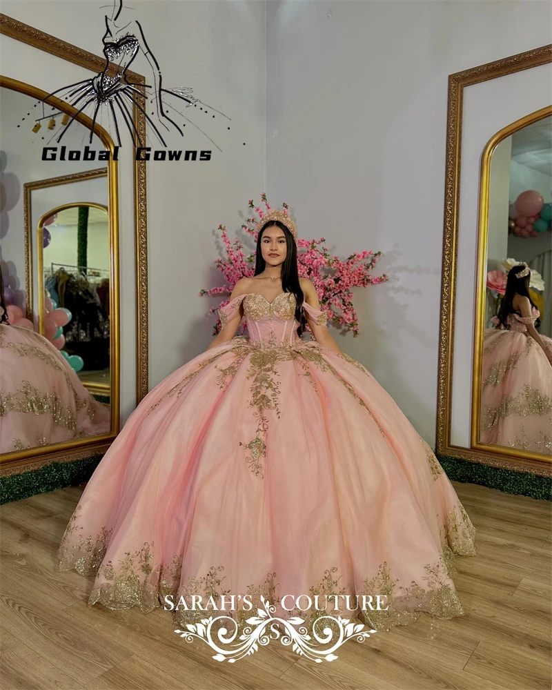 

Pink Off The Shoulder Ball Gown Quinceanera Dresses For Girls Beaded Celebrity Party Gowns Appliques Tiered Graduation Vestido