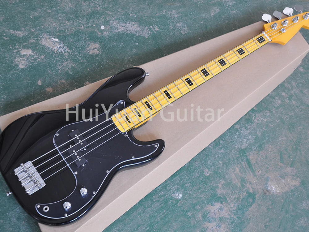 4 Strings Black Electric Bass Guitar with Yellow Maple Fretboard,Customizable