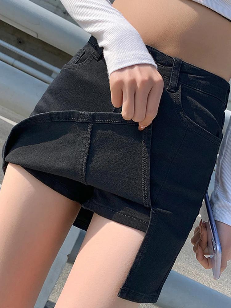 Ins Summer New Women High Waist Wrapped Hip Denim Skirt Girls Sexy Nightclub Mini Dress Black Split Elastic A Line Short Skirt