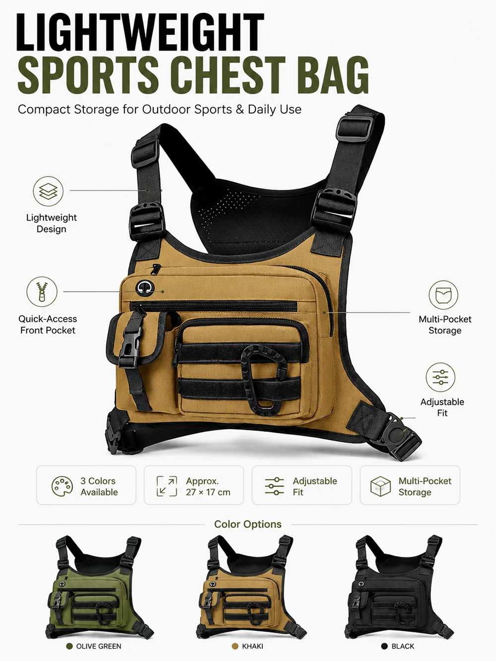 Taktische Brusttasche für Herren, EDC Diebstahlsichere Wasserdichte Brusttasche, Umhängetasche für Radfahren, Laufen, Outdoor-Aktivitäten – Detail 5
