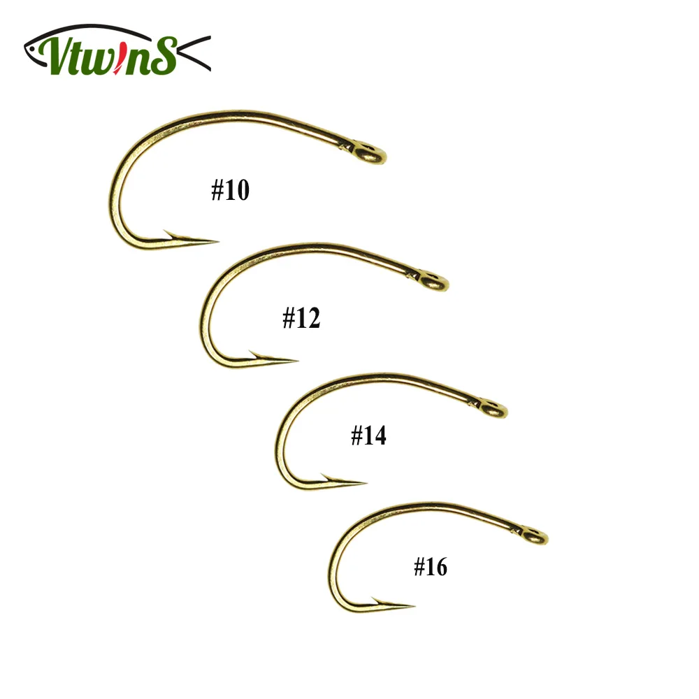 Vtwins 100PCS Gold Nickel Finish High Carbon Steel Curve Nymph Scud Shrimp Worms Caddis Fly Tying Hook Fishing Hook