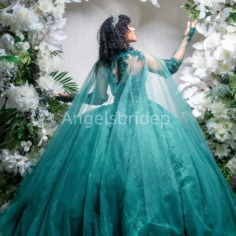 Angelsbridep Blackish Green Ball Gown Quinceanera Dress Girls Brithday Evening Dresses Vestidos 15 Años Quinceañera With Cape