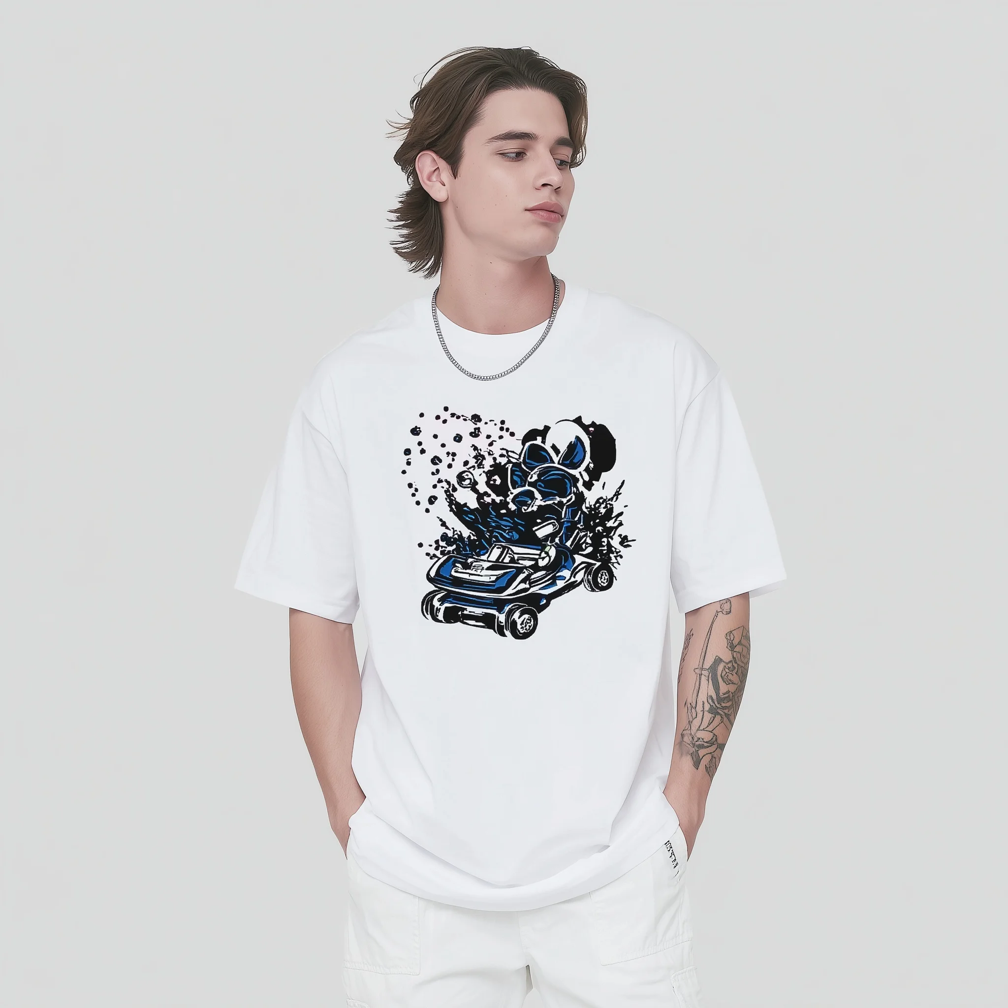 

Teevo White Short Sleeve T-Shirt with Graffiti Car and Panda Print for Casual Wear
