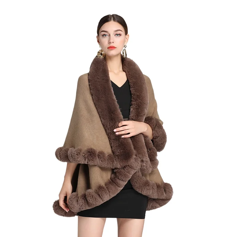 

Winter Warm Capes Poncho Cloak Fashion Women Knitted Cardigan Loose Jacket Faux Rabbit Fur Neck Plus Size Poncho