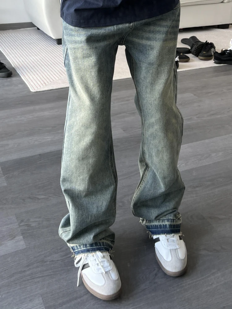 

Retro Washed American High Street Vibe Men's And Women's Loose Straight Leg Casual Long Jeans with Frayed Hem