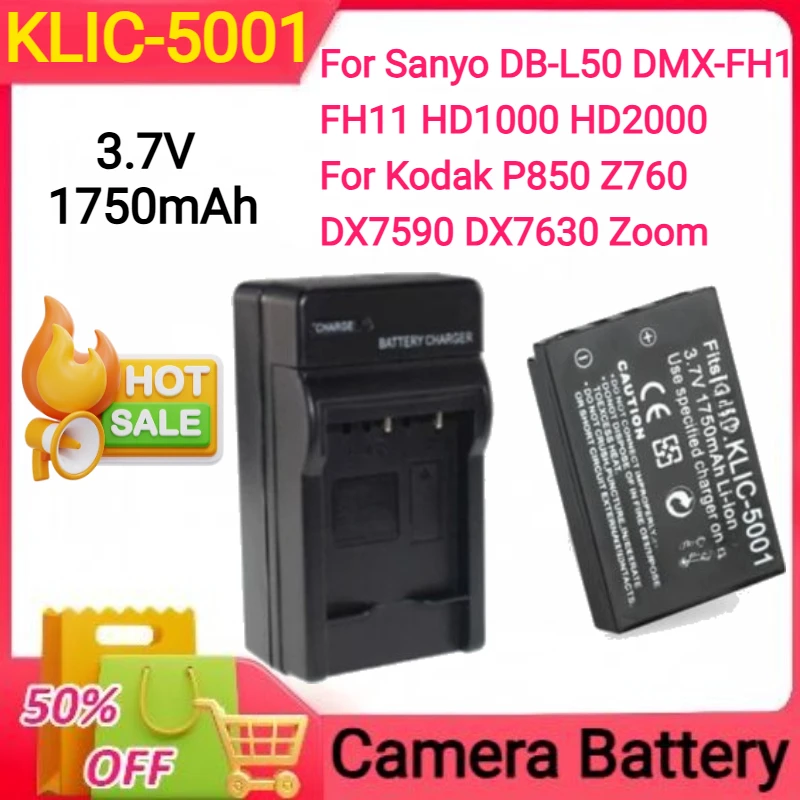 

3.7V 1750mAh KLIC-5001 for Sanyo DB-L50 DMX-FH1 FH11 HD1000 HD2000 For Kodak P850 Z760 DX7590 DX7630 Zoom Battery+Charger