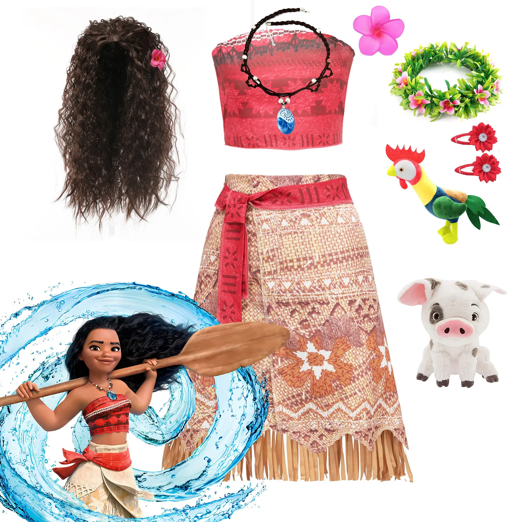 Oceano feminino está chamando fantasia de princesa Moana, estilo polinésio, conjunto de roupas de top e saia, aventura vaiana, festa para meninas