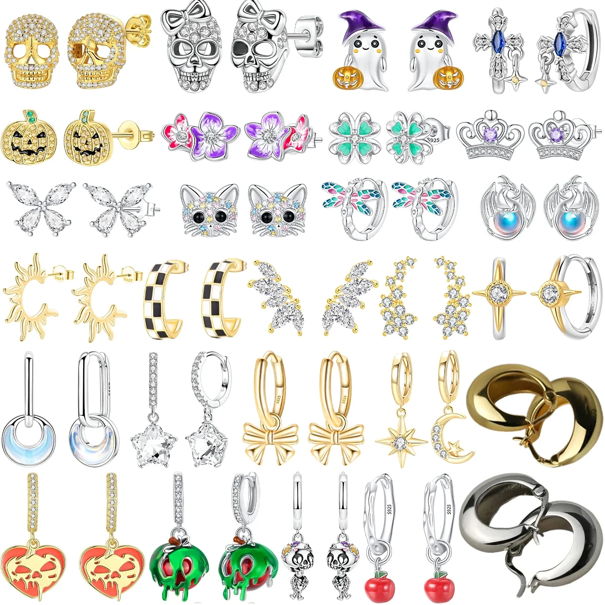 

Original 925 Sterling Silver Halloween Shiny Skull Pumpkin Cross Butterfly Cat Earrings fit Women's Party Jewelry Accessories