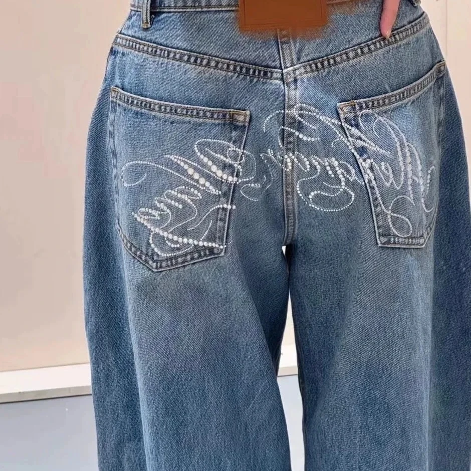 Y2k Jeans Dames Vintage Distressed High Street Heavy Duty Letter Wijde Pijpen Flare Broek Baggy Jeans Mode Casual