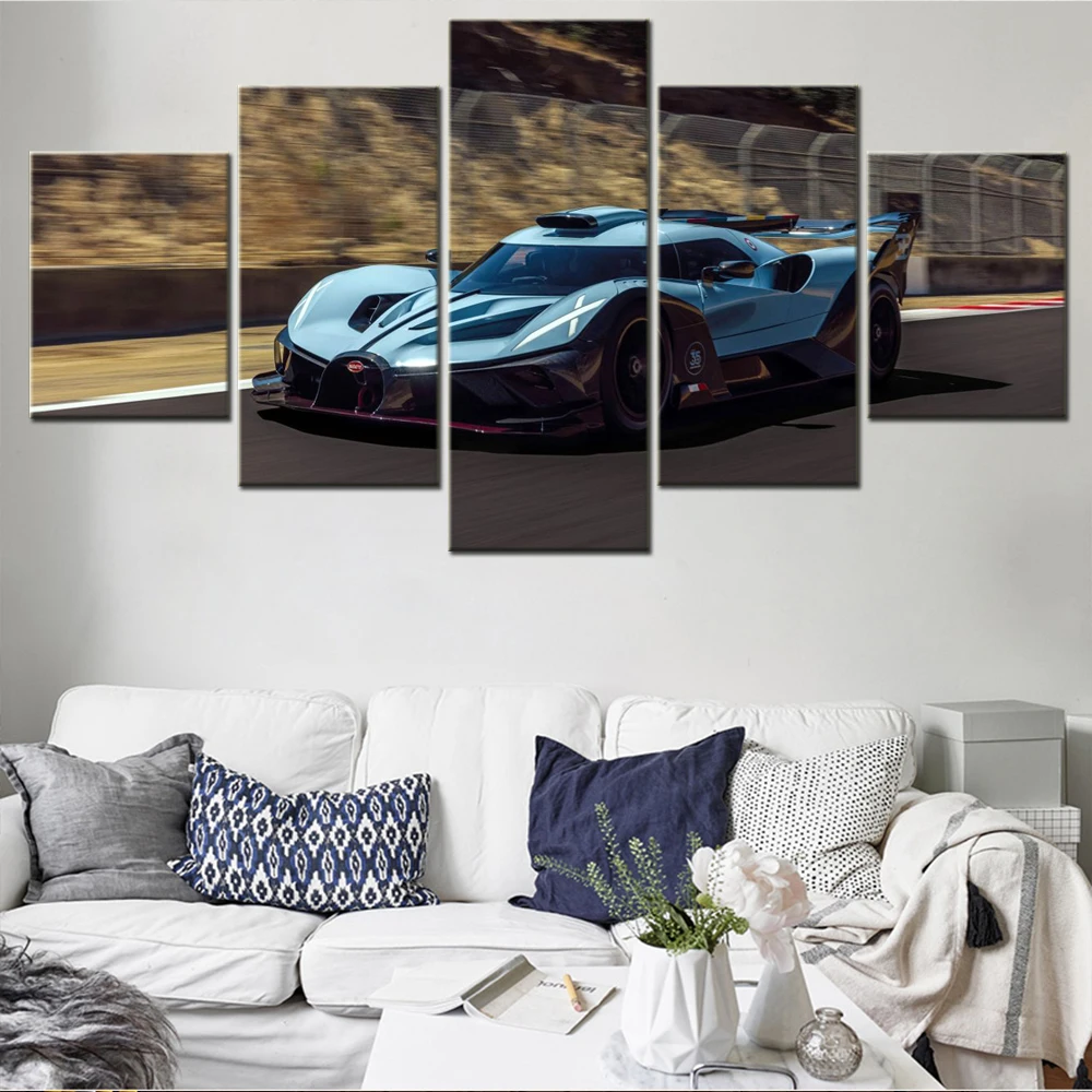 

5 Pieces Canvas Wall Arts Poster Painting Blue Cool Racing Cars Wallpaper Vehicle Home Decor Picture Print For Bedroom Mural