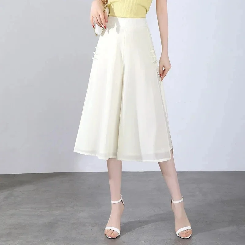 

Summer Chiffon Calf-Length Trousers Women Loose Split Wide Leg Pants Casual Large Size Thin Skirts Pants Ladies Flare Trousers