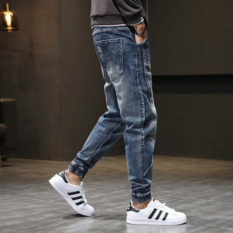 Moda uliczna Mężczyźni Jeans Retro Washed Blue Stretch Slim Fit Ripped Jeans Spliced Designer Hip Hop Denim Cargo Pants Men Joggers