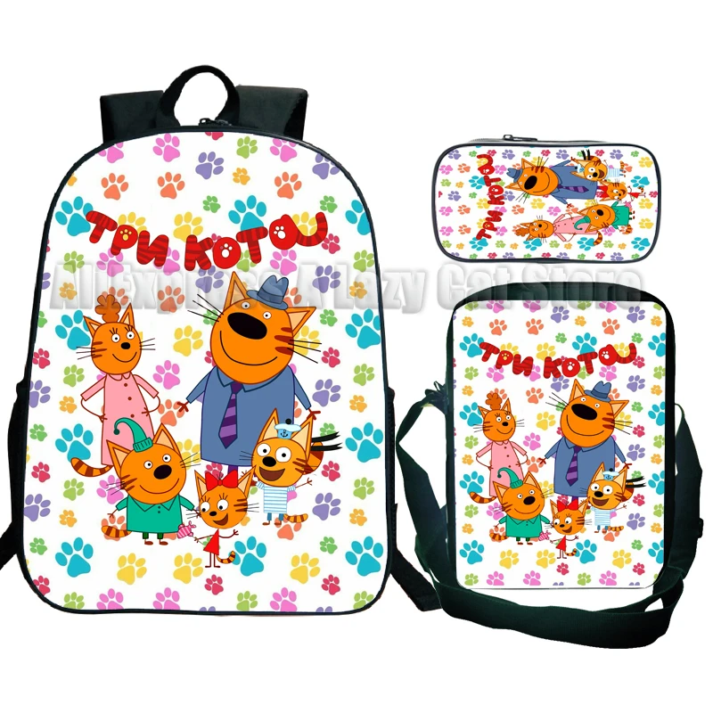 Mochila escolar de tres gatitos para niños y niñas, morral de dibujos animados de Anime, 3 piezas