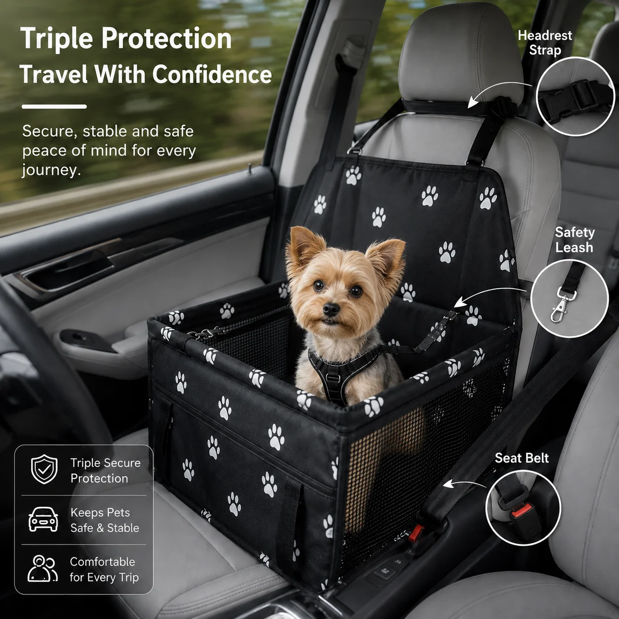 Pet Vehicle Seat, Portable Dog Car Booster with Breathable Mesh, Adjustable Belts and Quick-Release Buckles, Elevated Travel Carrier for Small Dogs and Cats, Comfortable Car Seat for Daily Commutes, Road Trips, Vacation Travel, Camping and Outdoor Use
