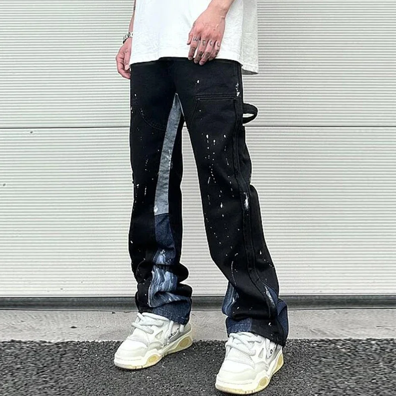 

Aelfric Eden Color Match Spliced Speckled Ink Vibe Style Micro Flare Jeans Pants Y2K Cleanfit Casual Washed Baggy Denim Trousers