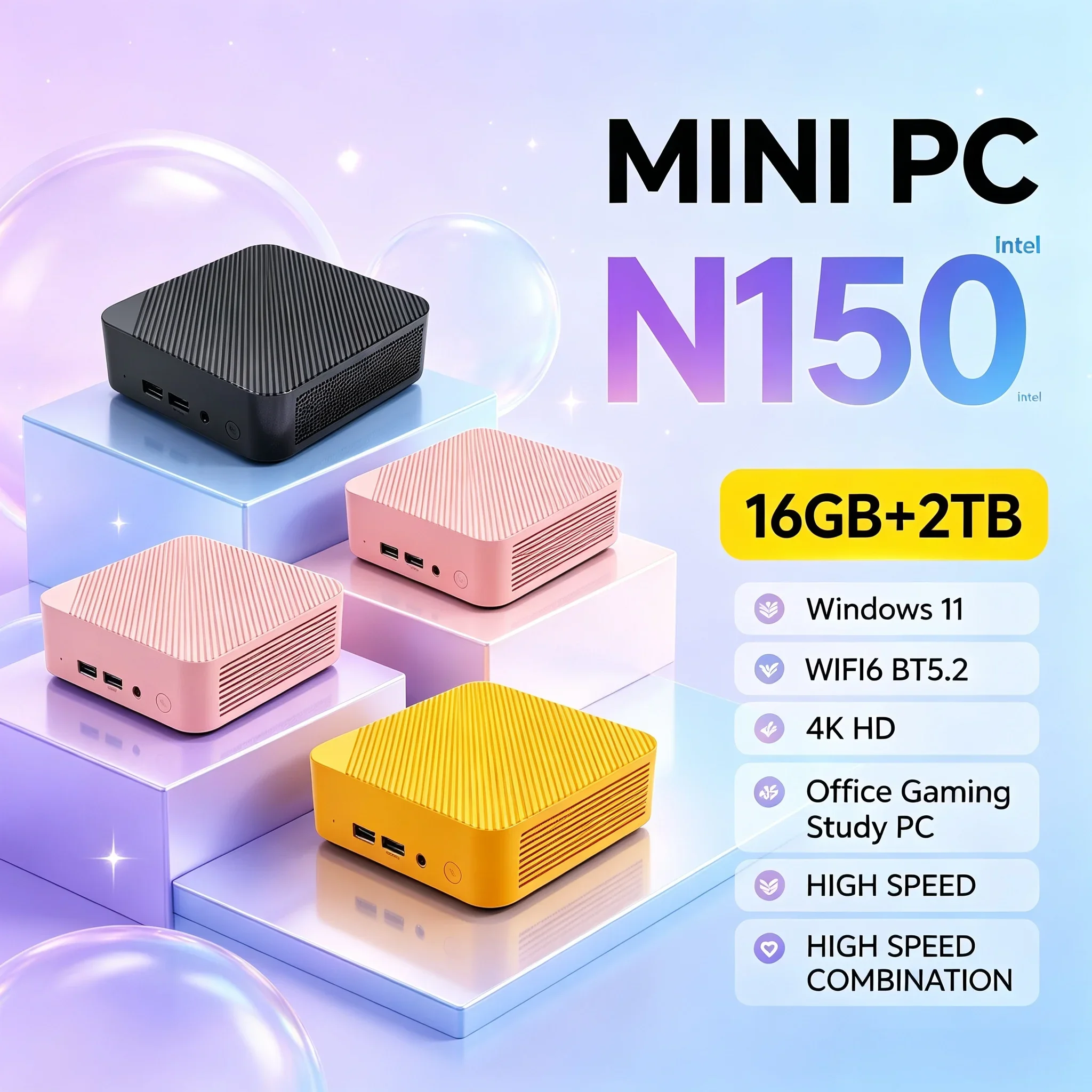 Consumption Mini PC Intel N150 16GB RAM 1TB/2TB SSD WiFi6 BT5.2 4K HD Portable Mini Desktop Host For Home Office Daily Usage
