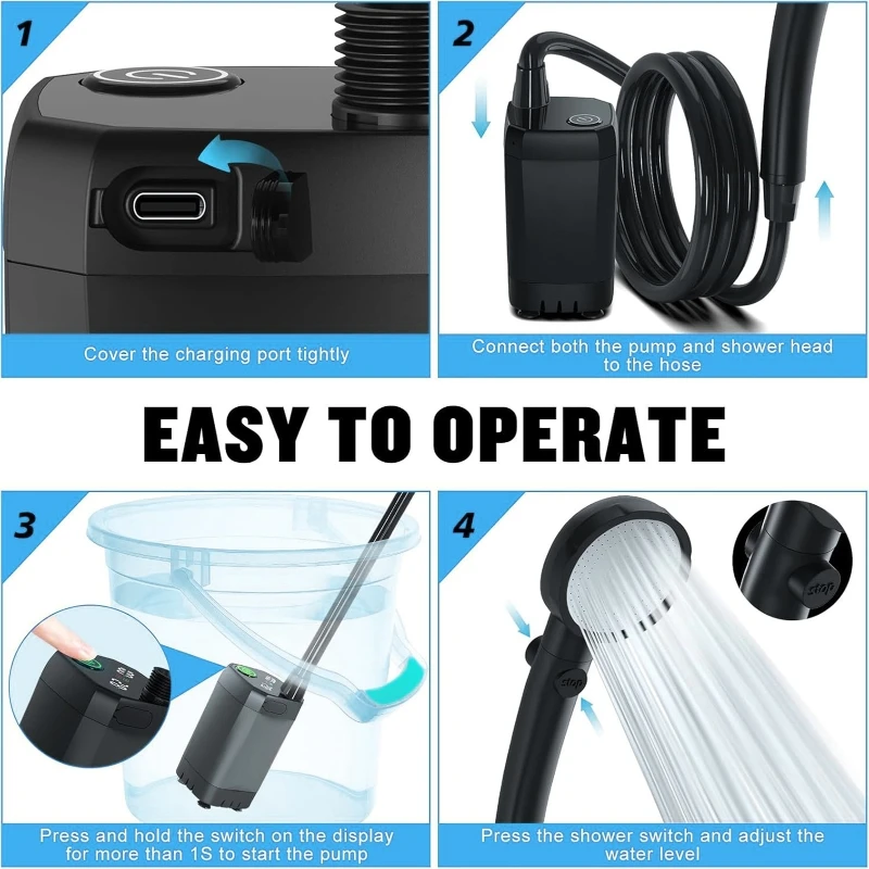 อุปกรณ์อาบน้ําแคมป์ปิ้งแบบพกพา 6000mAh จอแสดงผล LED แบบชาร์จไฟได้กลางแจ้ง Simple ไฟฟ้ามือถือชุดฝักบัว