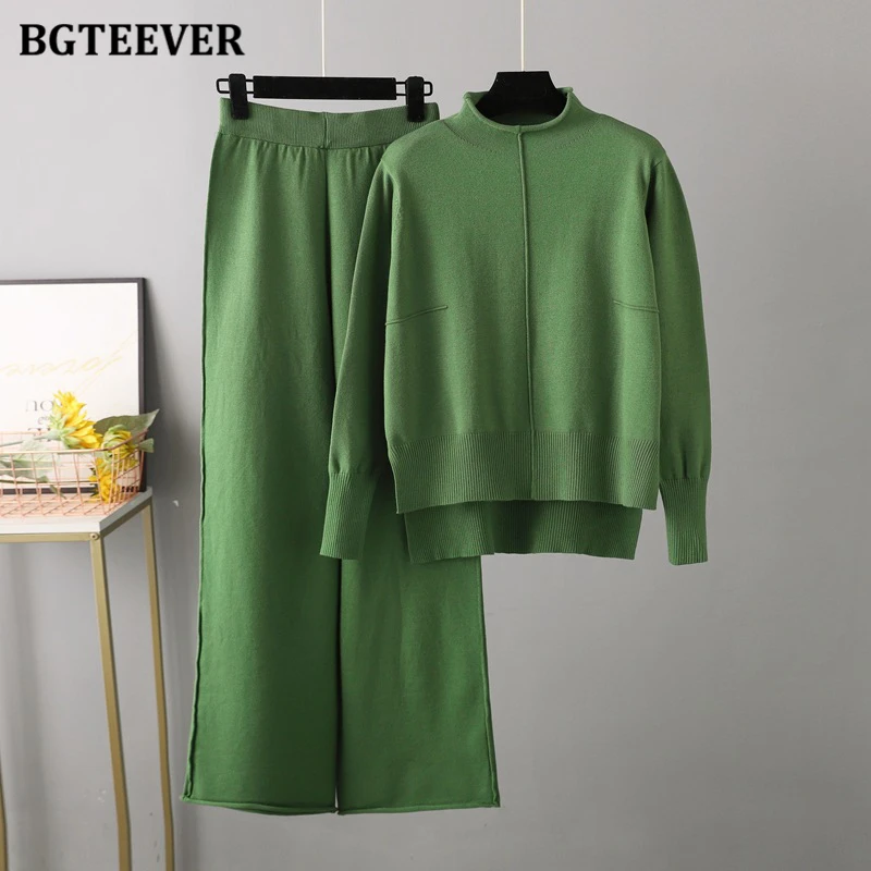 BGTEEVER Casual Loose Women Knitted Set Side Split Pullovers Jumpers Ladies Wide Leg Trousers Female Sweater Set Winter