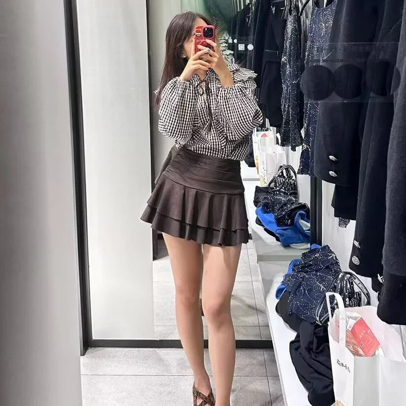 Women Ruffled Gingham Shirt with Ties Spring Summer O Neck Long Sleeve Women's Shirt & Blouses FemaleRuffle Trims Tops