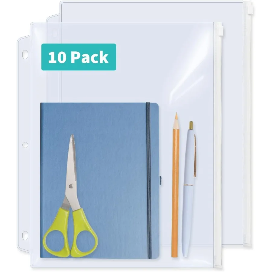 

10 упаковок пластиковых карманов для папок на молнии с 3 отверстиями, Puhed для 3-кольцевой папки, прозрачный ПВХ с белыми молниями, водонепроницаемая сумка с вкладышами Po