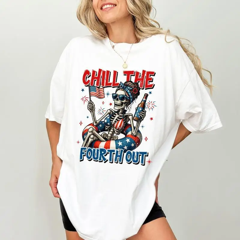 

Chill The Fourth Out Shirt, 4th Of July Skeleton T-shirt, Funny Skeleton Graphic Tee, Funny Red White & Blue Party Clothing